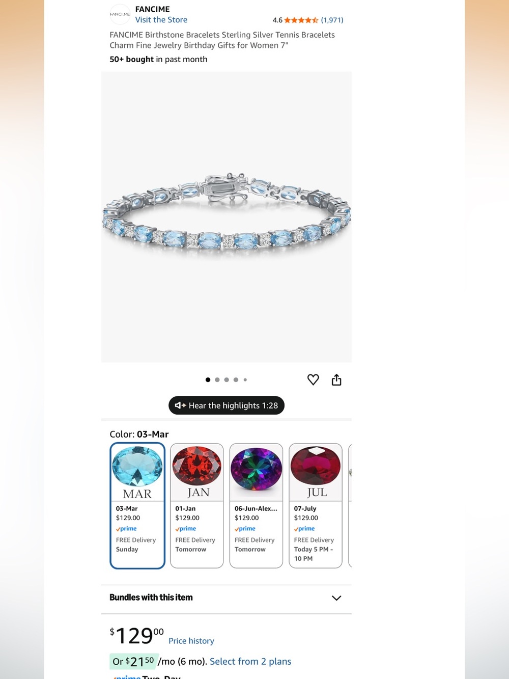 FANCIME Birthstone Bracelet March Aquamarine Sterling Silver 7” Fine Jewelry